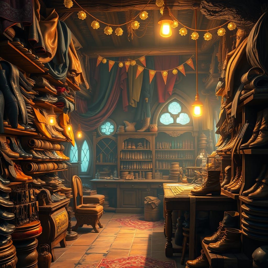 Whimsical Shoe Cobbler's Workshop in Mystical, Earthy Fantas...