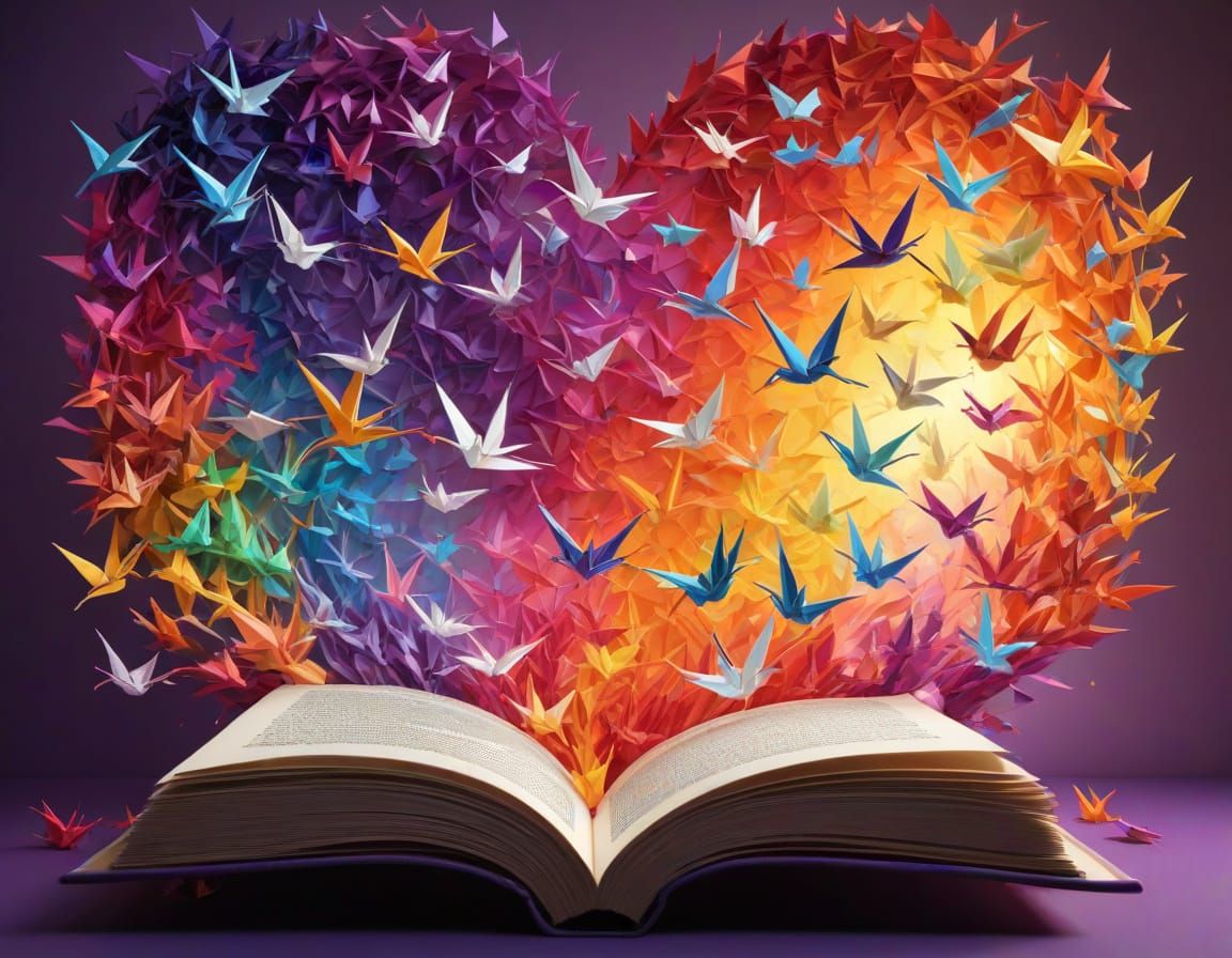 Rainbow Origami Cranes Emerge from Book