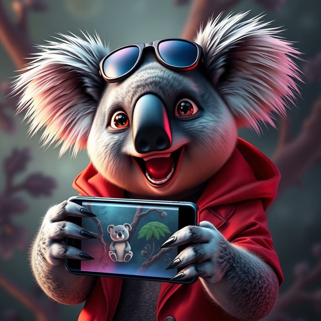Joyful Koala Holds Mobile Device in 8k Portrait