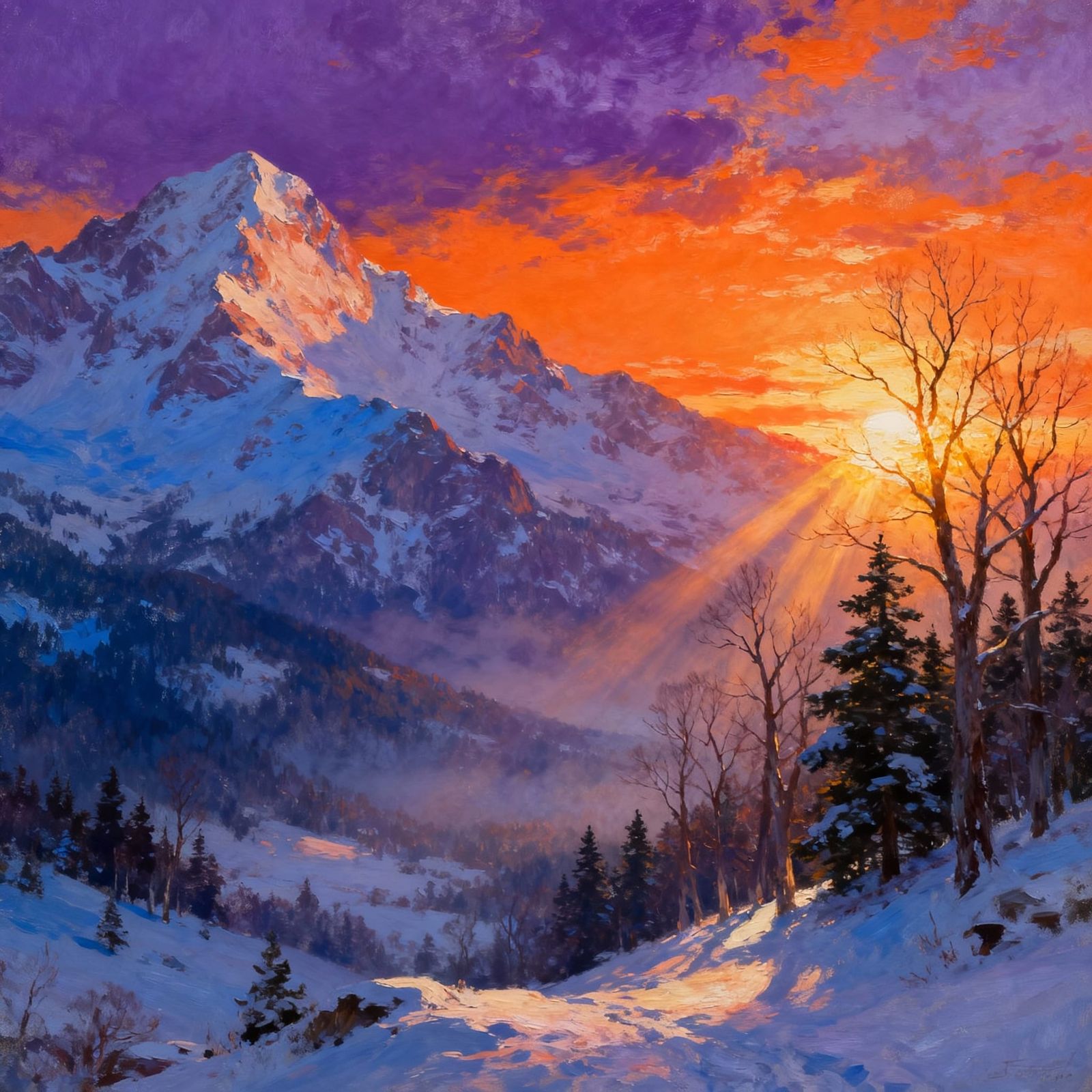 Vast Winter Mountain Sunrise Digital Painting