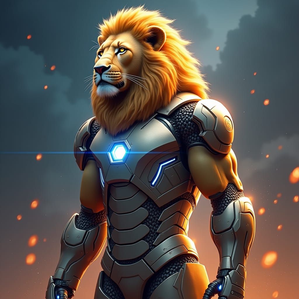 Iron Man Lion Hybrid in Fantasy Concept Art Style