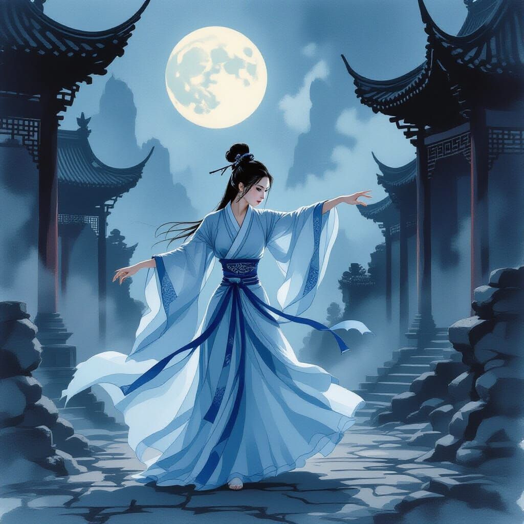 Chinese Woman in Hanfu Performs Martial Arts in Moonlit Ruin...