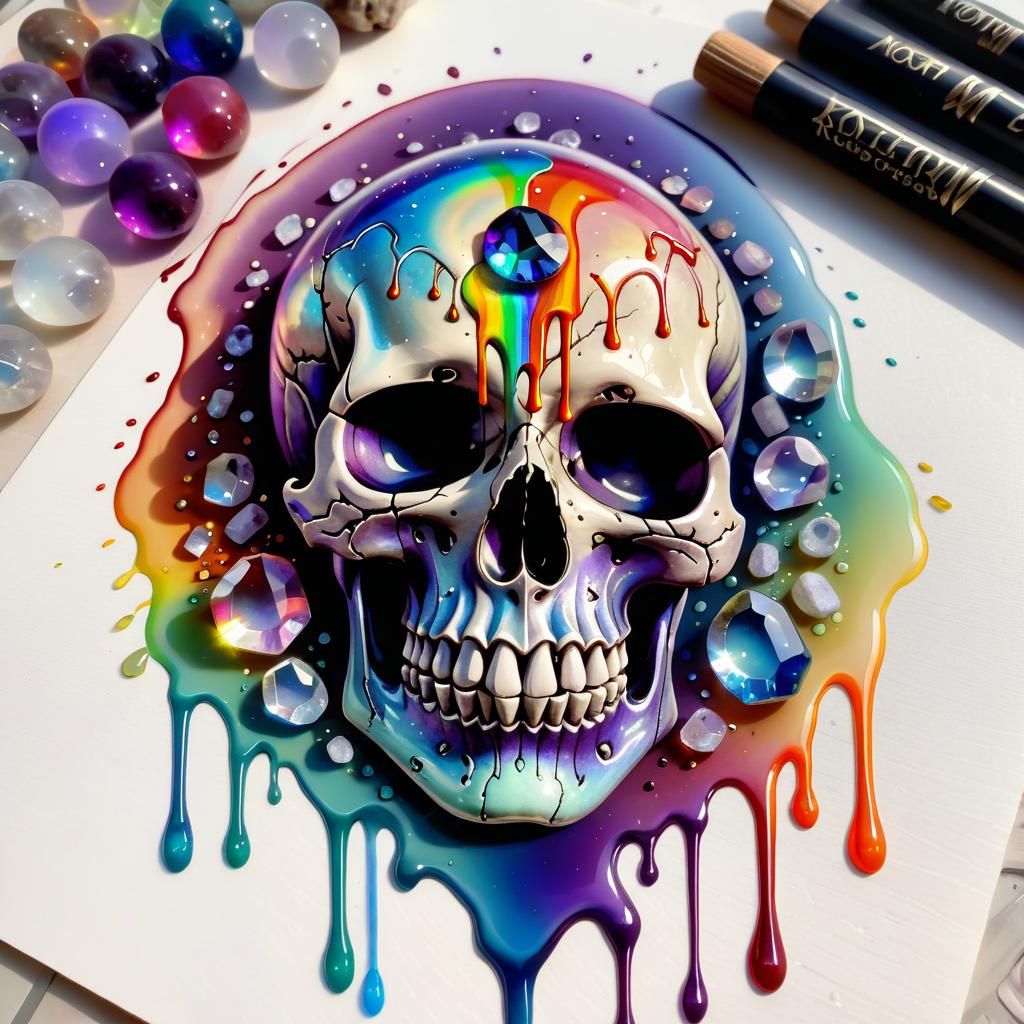 Rainbow Skull Dripping Liquid in Watercolor Style