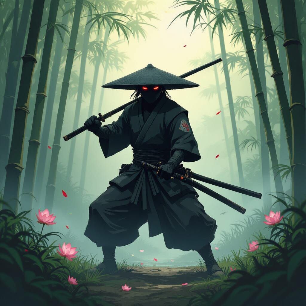 Ninja Warrior with Double Staff in Lush Chinese Jungle