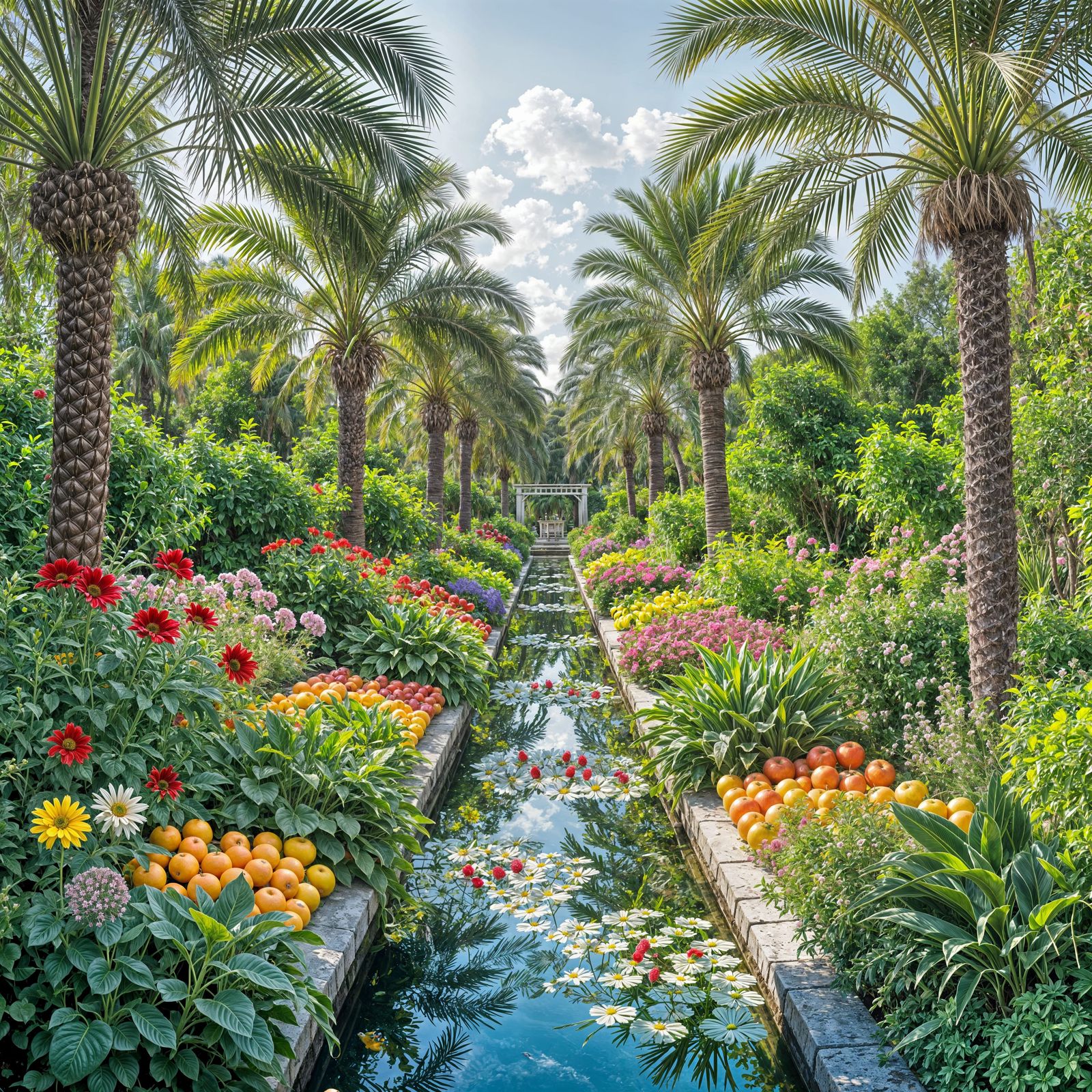 Realistic Garden Paradise with Flowers, Fruits and Palms