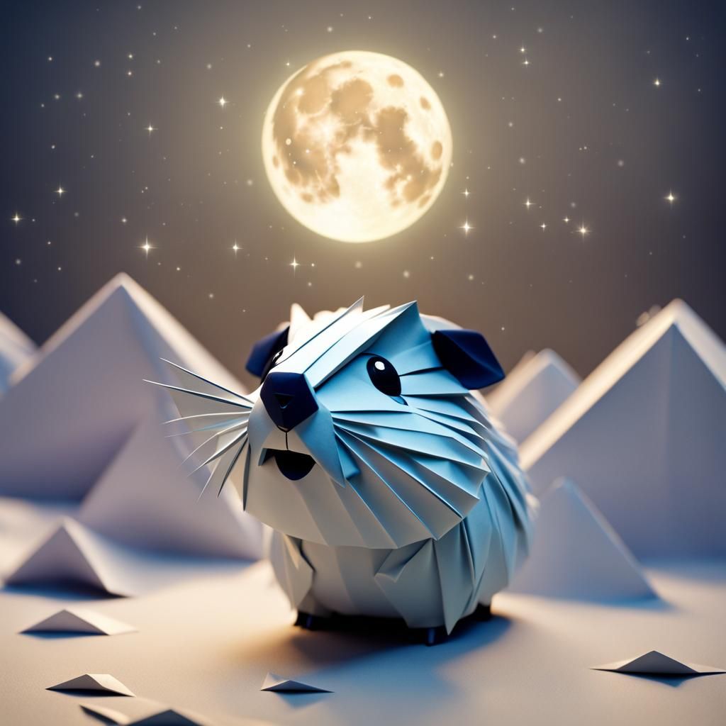 Pixar Guinea Pig Howling at Moon in Origami Style