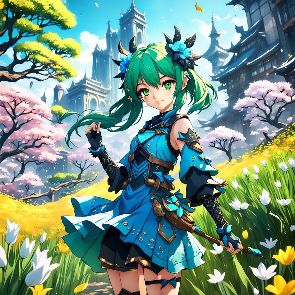 Anime Spring Girl in Detailed Matte Painting