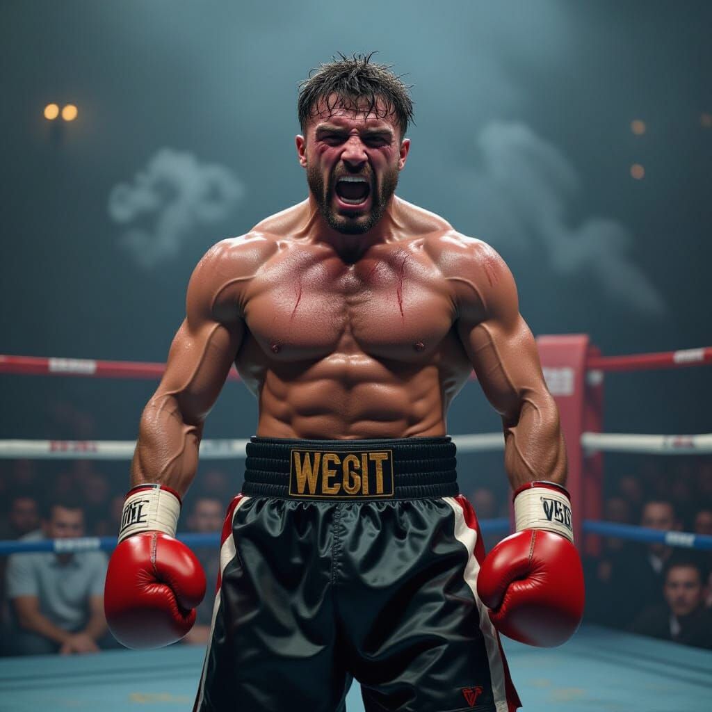 Victorious Boxer in Smoky Ring: Dramatic Realism