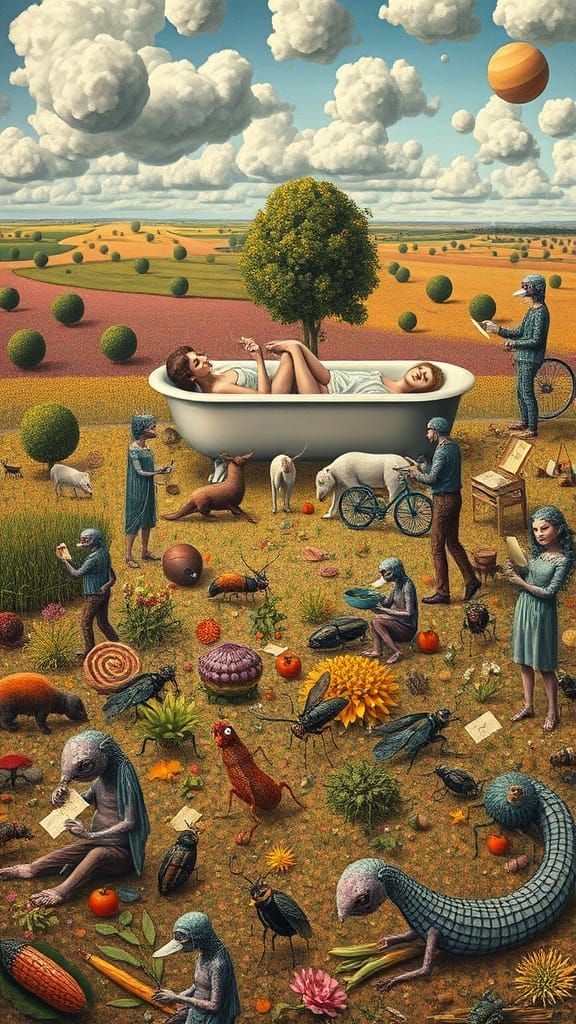 Surreal Landscape with Sleeping Royalty and Bizarre Figures