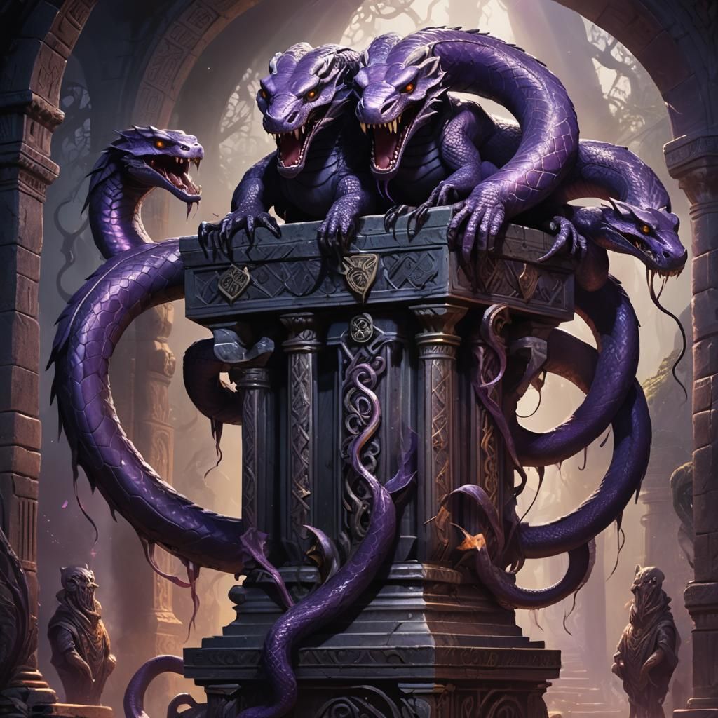 Three-Headed Snake on Ancient Pedestal, Dark Fantasy Art