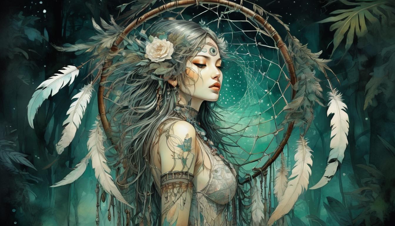 Moonlit Rainforest Dreamcatcher in Watercolour-Ink Style