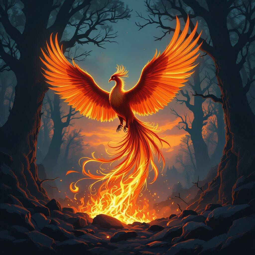 Phoenix Rising: Sunset Feathers in Mystical Forest