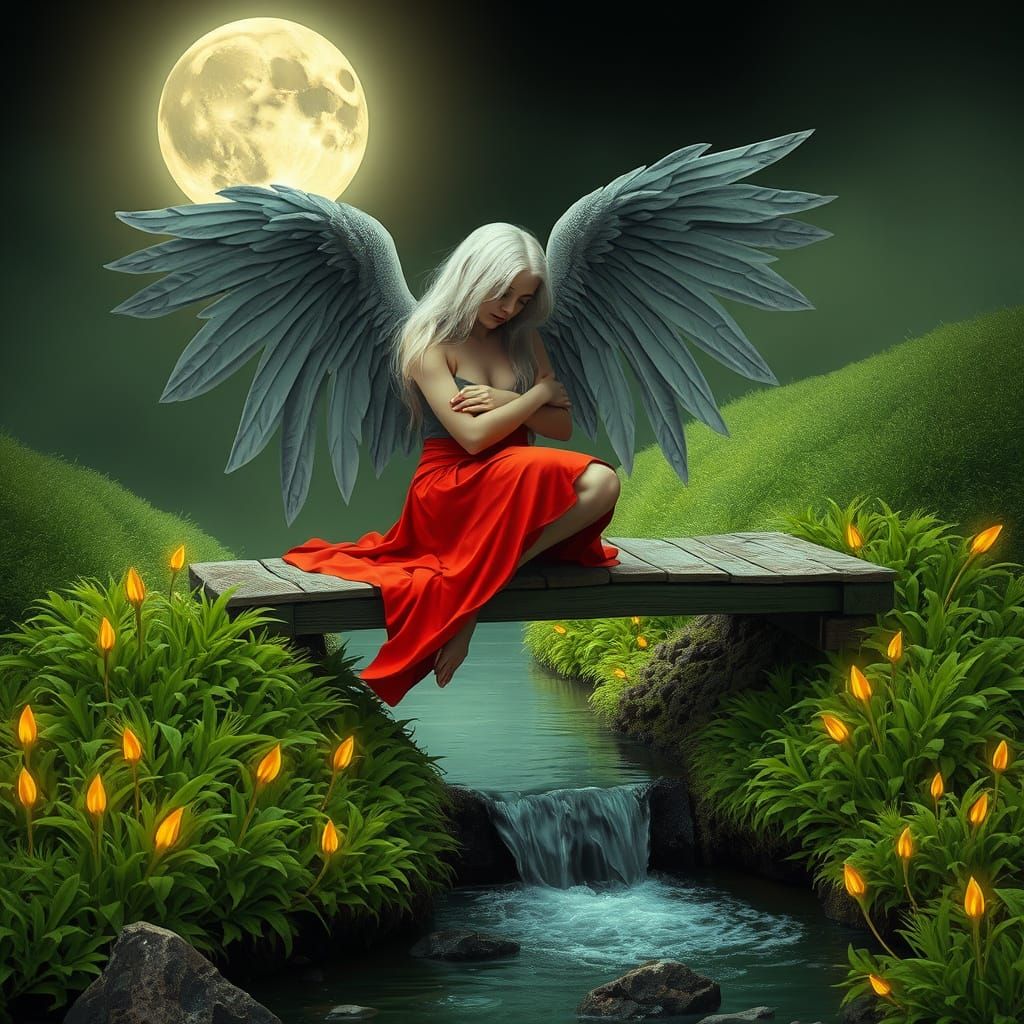 Serene Angel Maiden with Wings Immersed in Waterfall