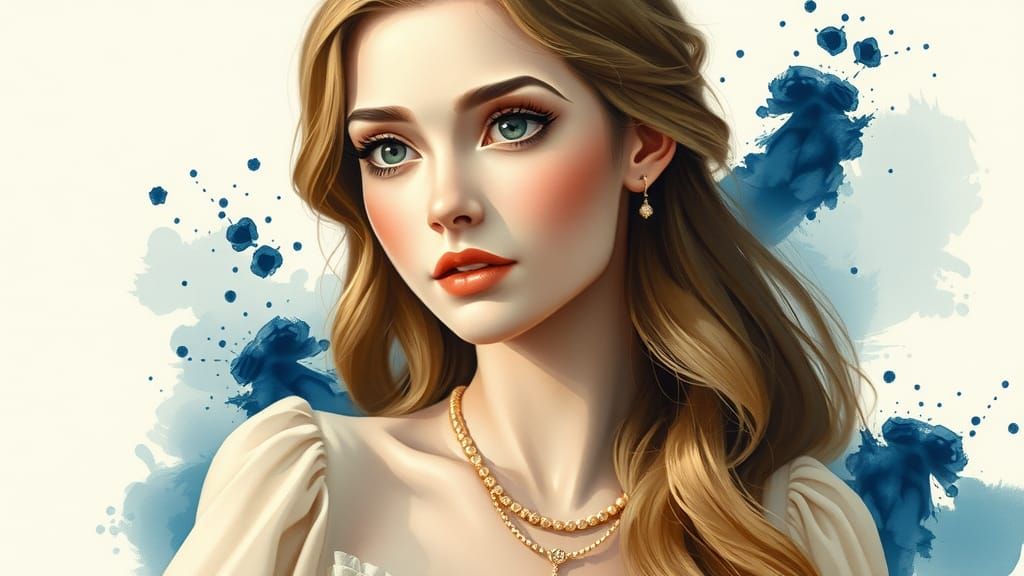 Elegant Woman Portrait with Ink Splashes in Mixed Media Styl...