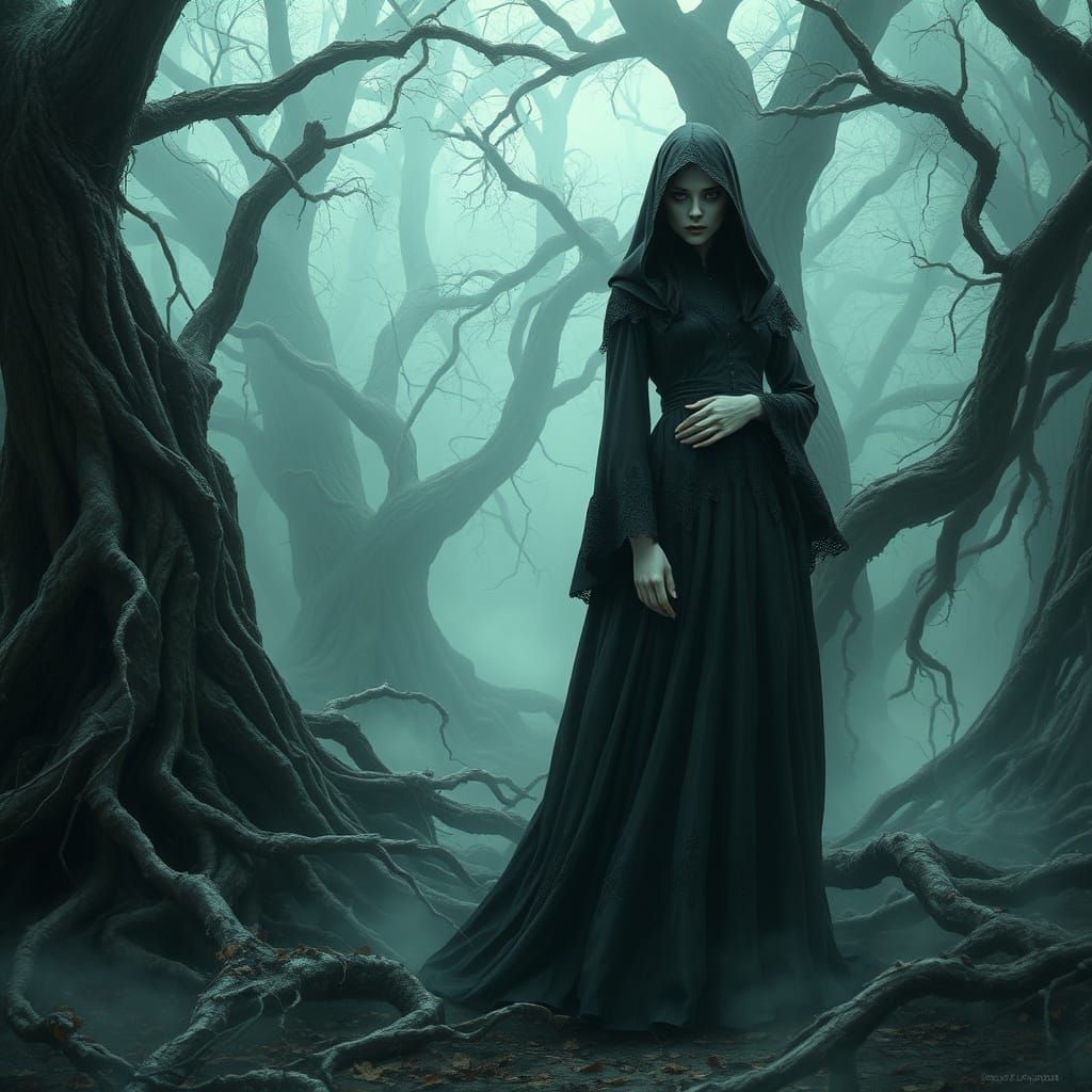 Mysterious Female Witch in Dark Forest Landscape