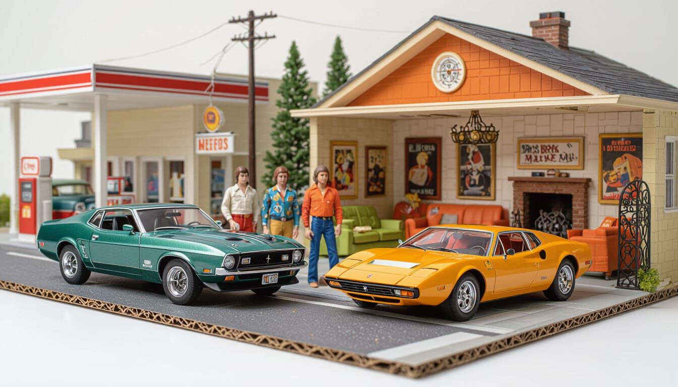 1970s American Street Scene with Classic Cars and Diorama De...