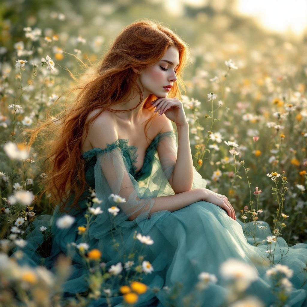 Ethereal Woman in Wildflower Field: Watercolor Painting