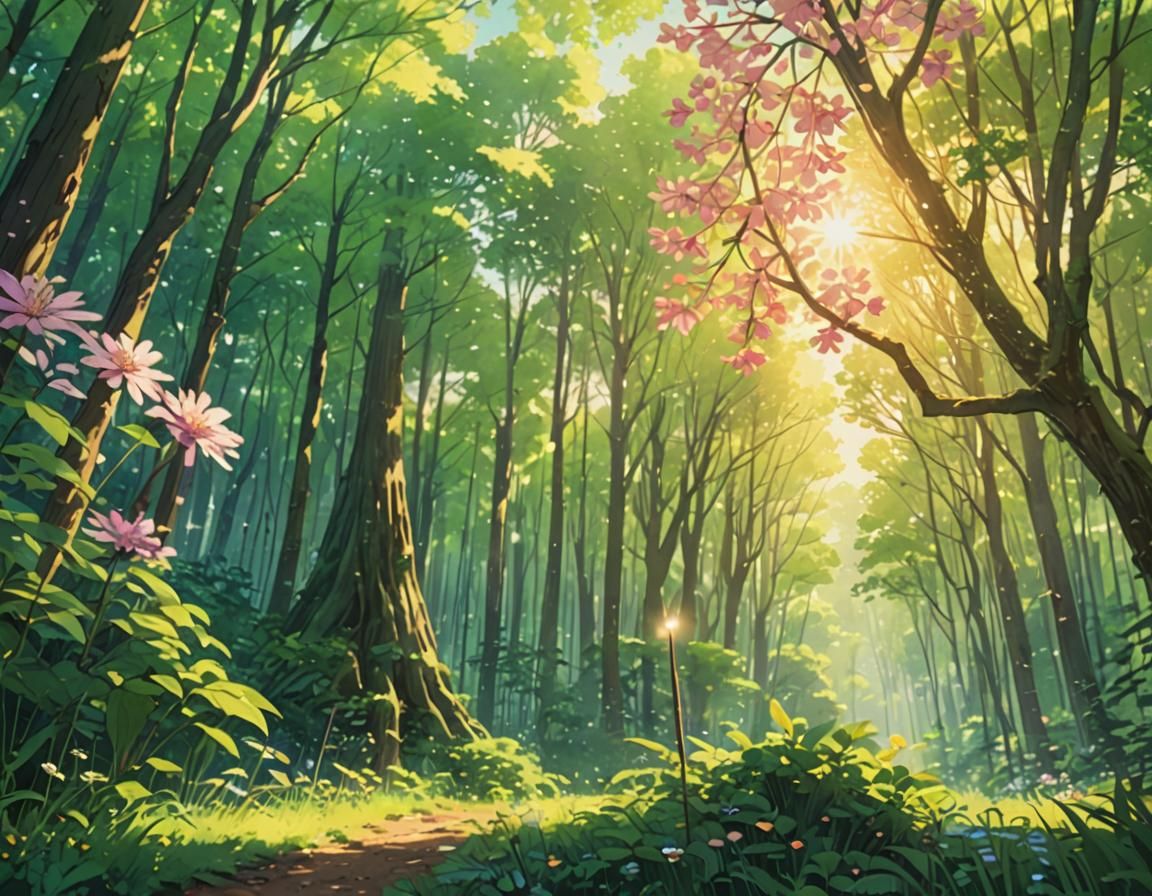 Delicate Flower Blooms in Serene Forest: Anime Style