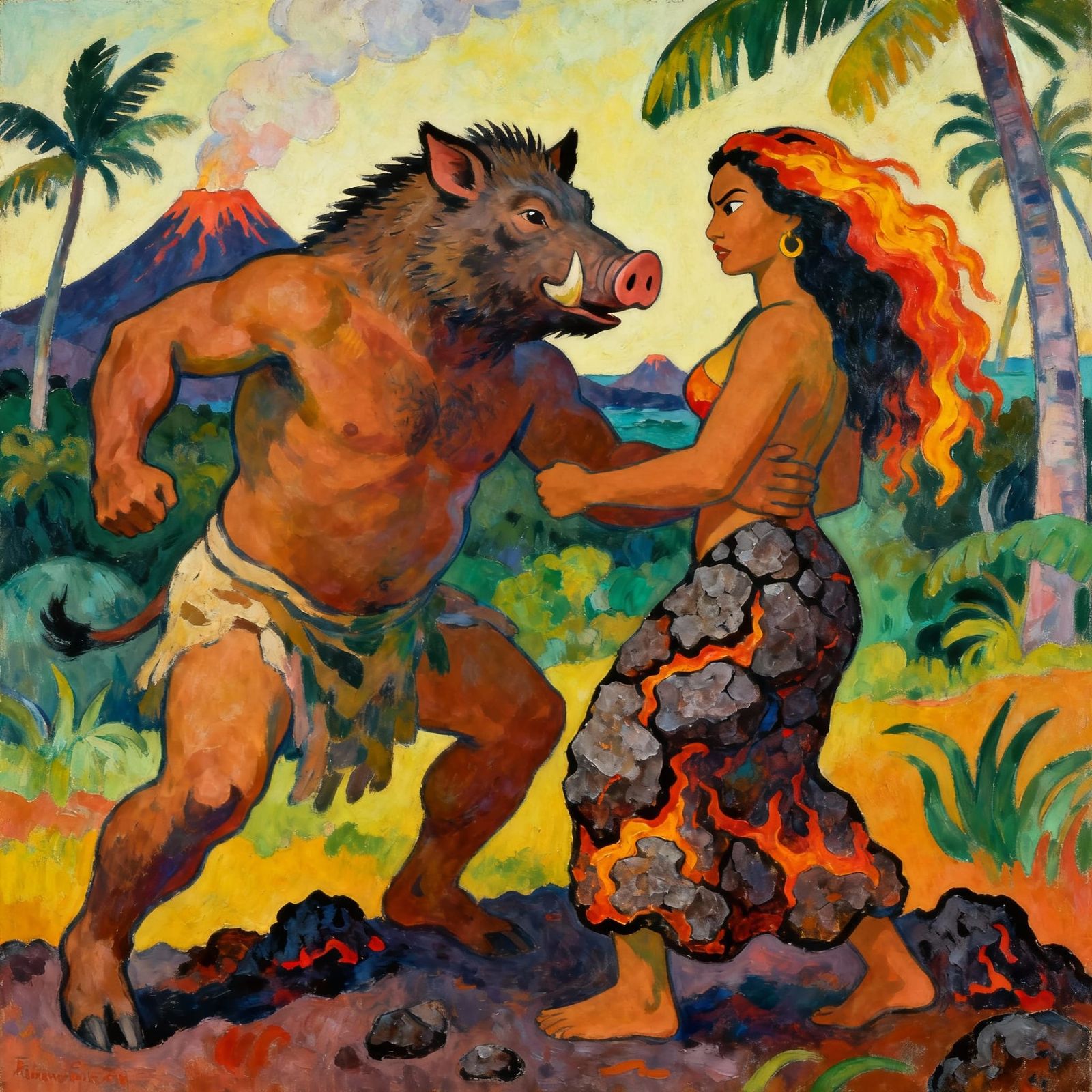 Kamapua'a and Pele in a Passionate Battle