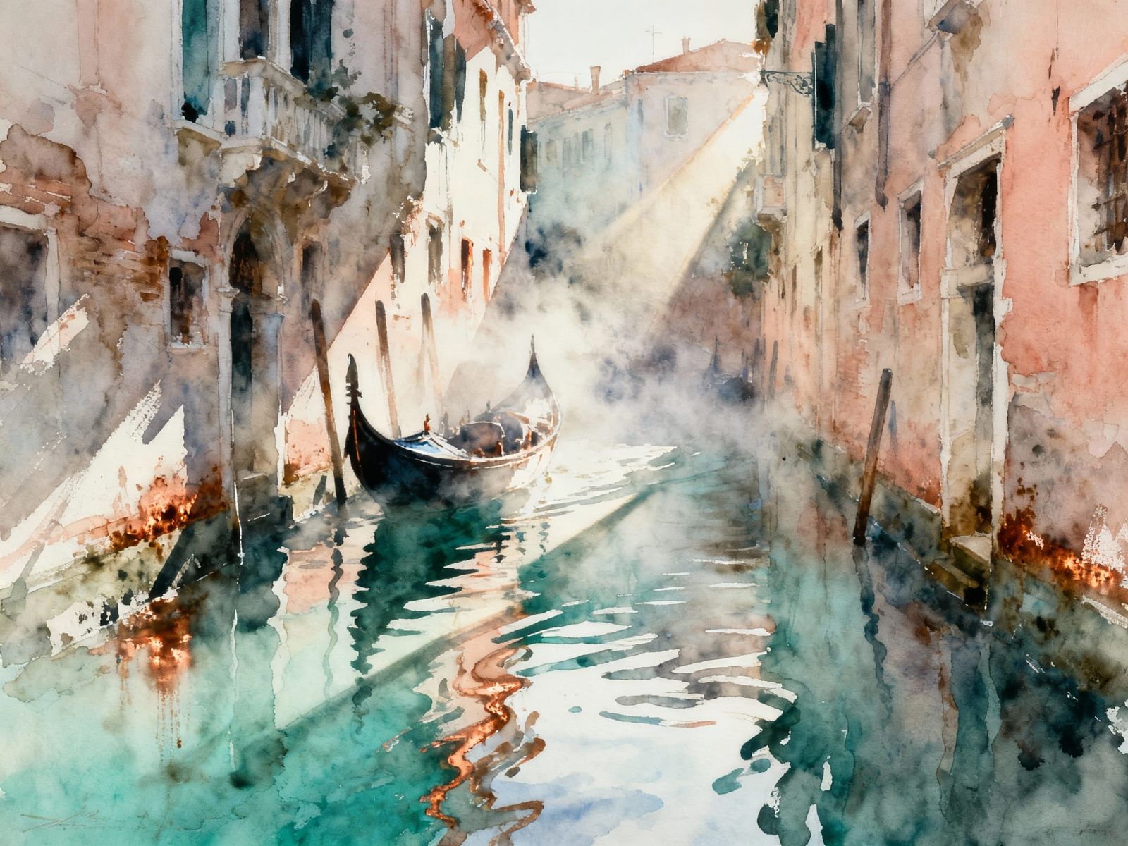 Venetian Canal Sunrise in Expressive Watercolor Style