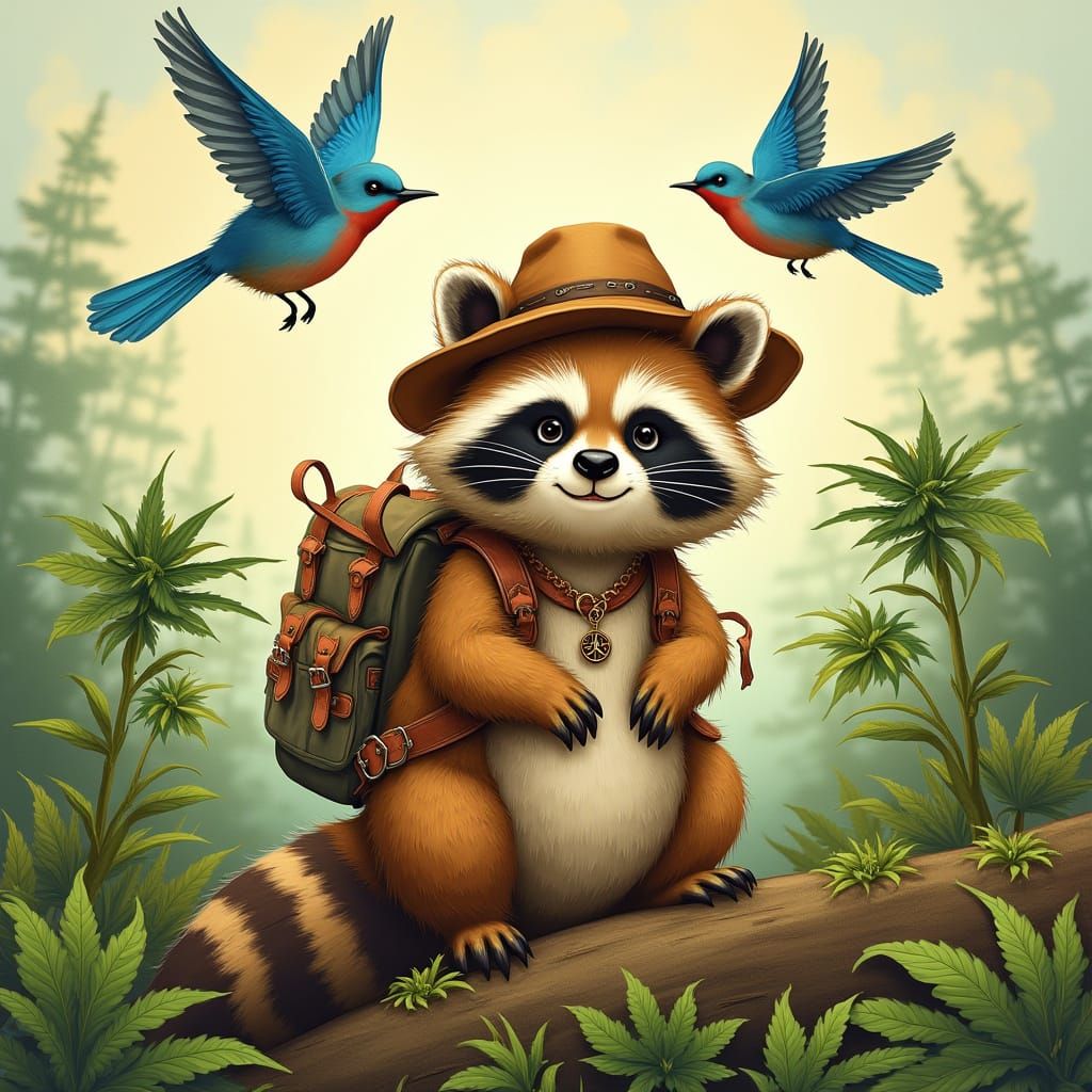 Raccoon in Meadow: Psychedelic Art Nouveau Image