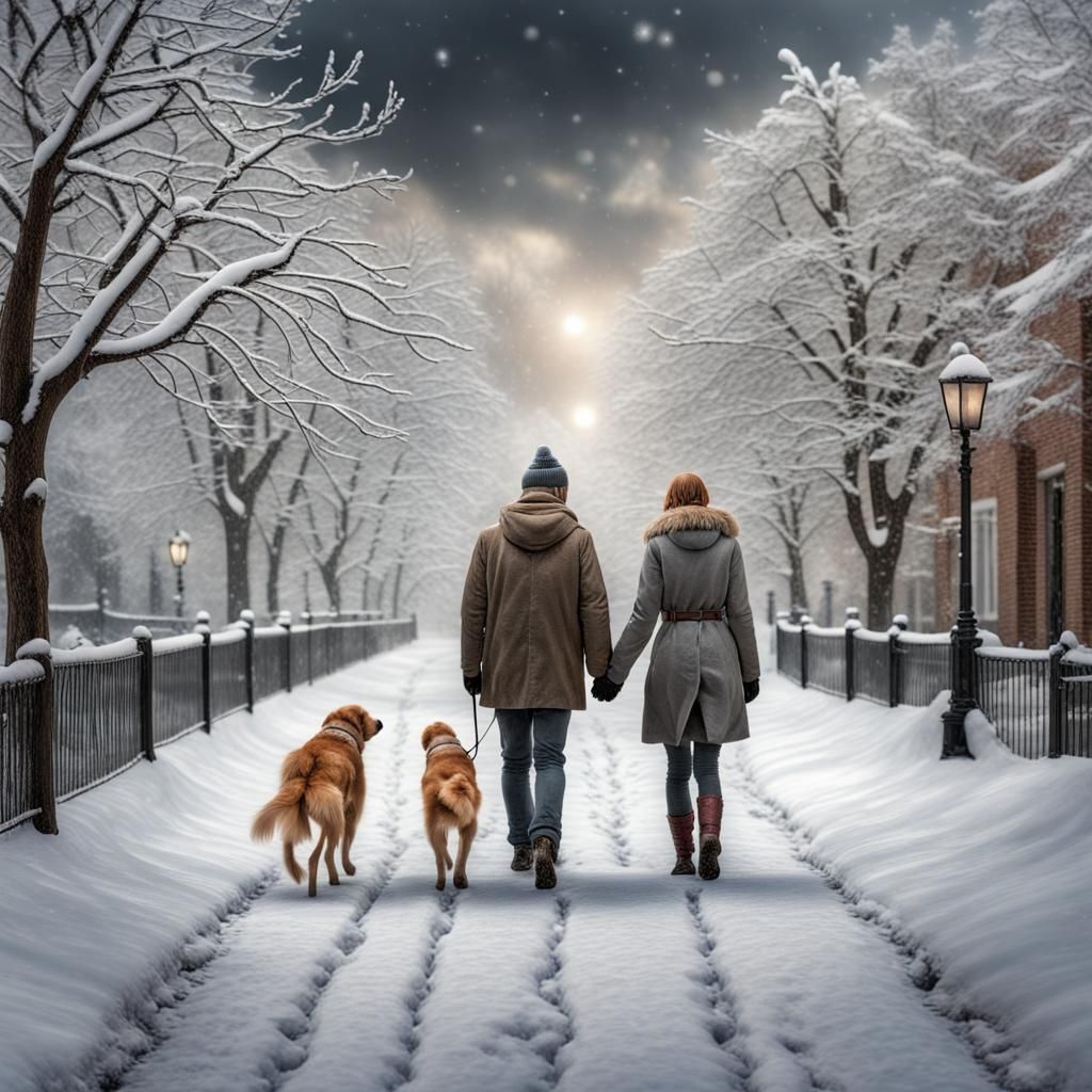 Couple Walking in Snow, Hyperrealistic Fantasy Scene