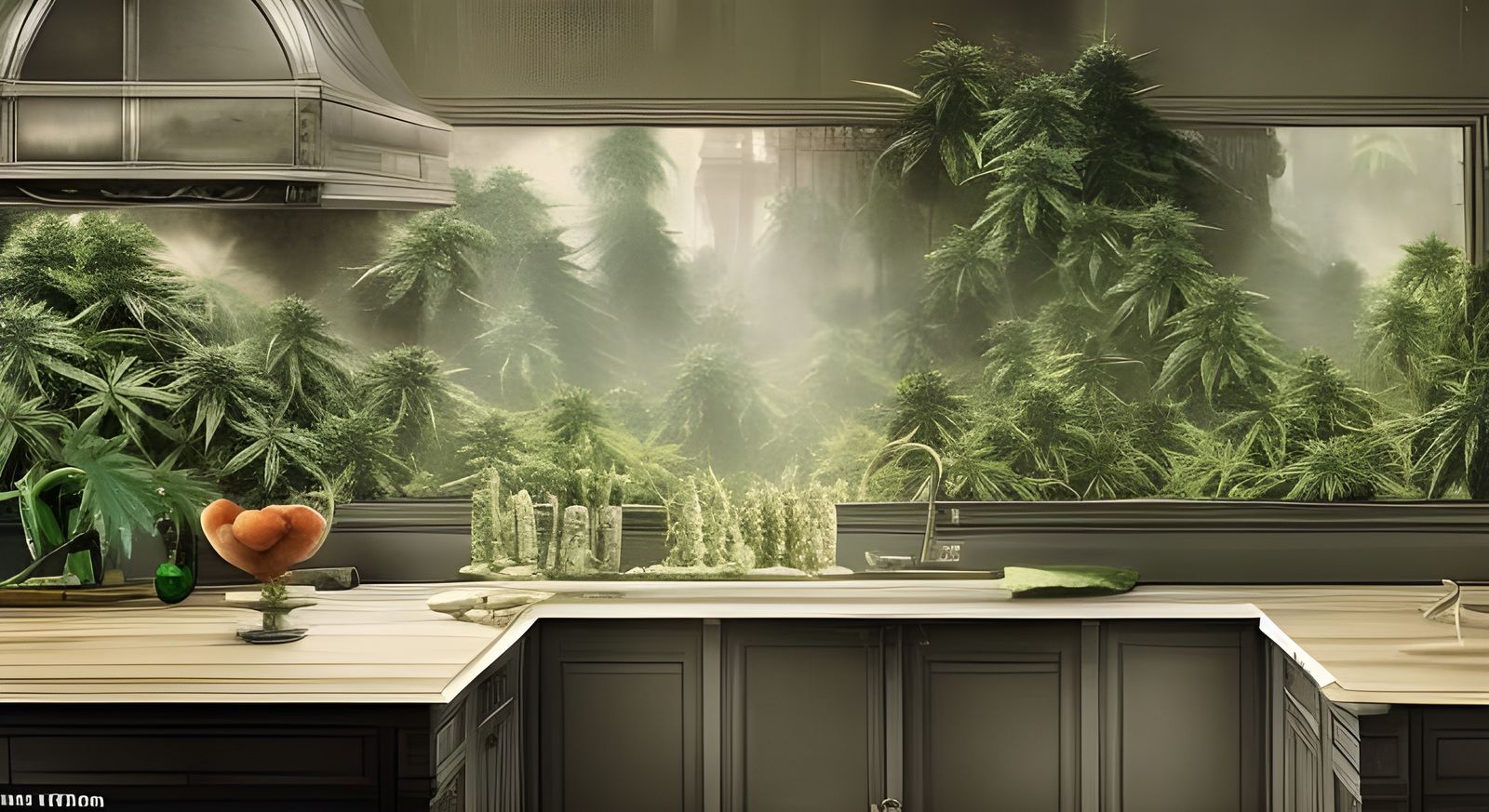 Kitchen Overgrown with Cannabis Leaves: Digital Matte Painti...