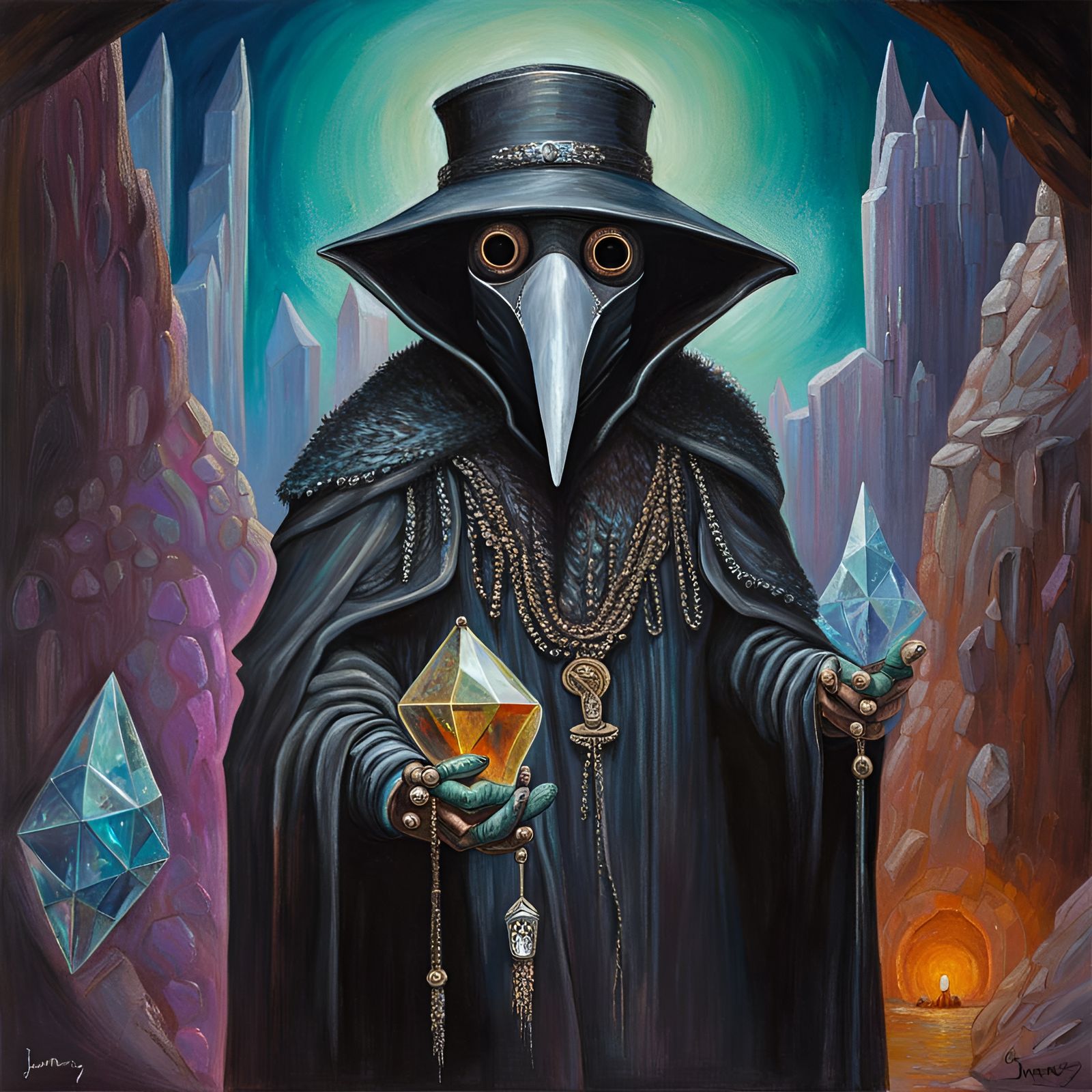 Crystal Plague Doctor in Iridescent Cave, Oil Painting