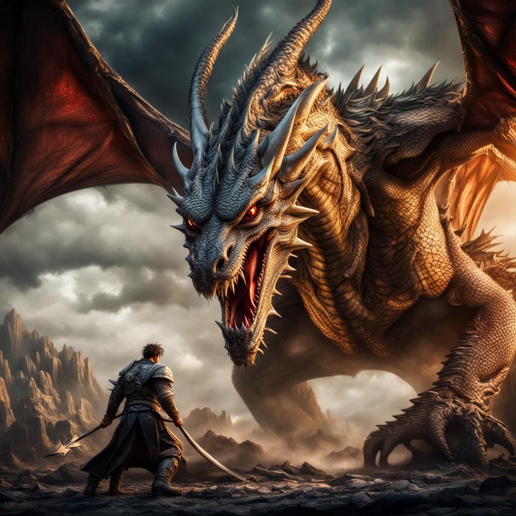 Epic fight between a dragon and a man