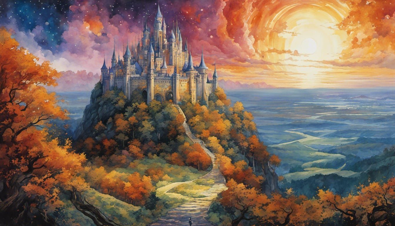 Stunning Watercolour High Fantasy Castle on Hilltop