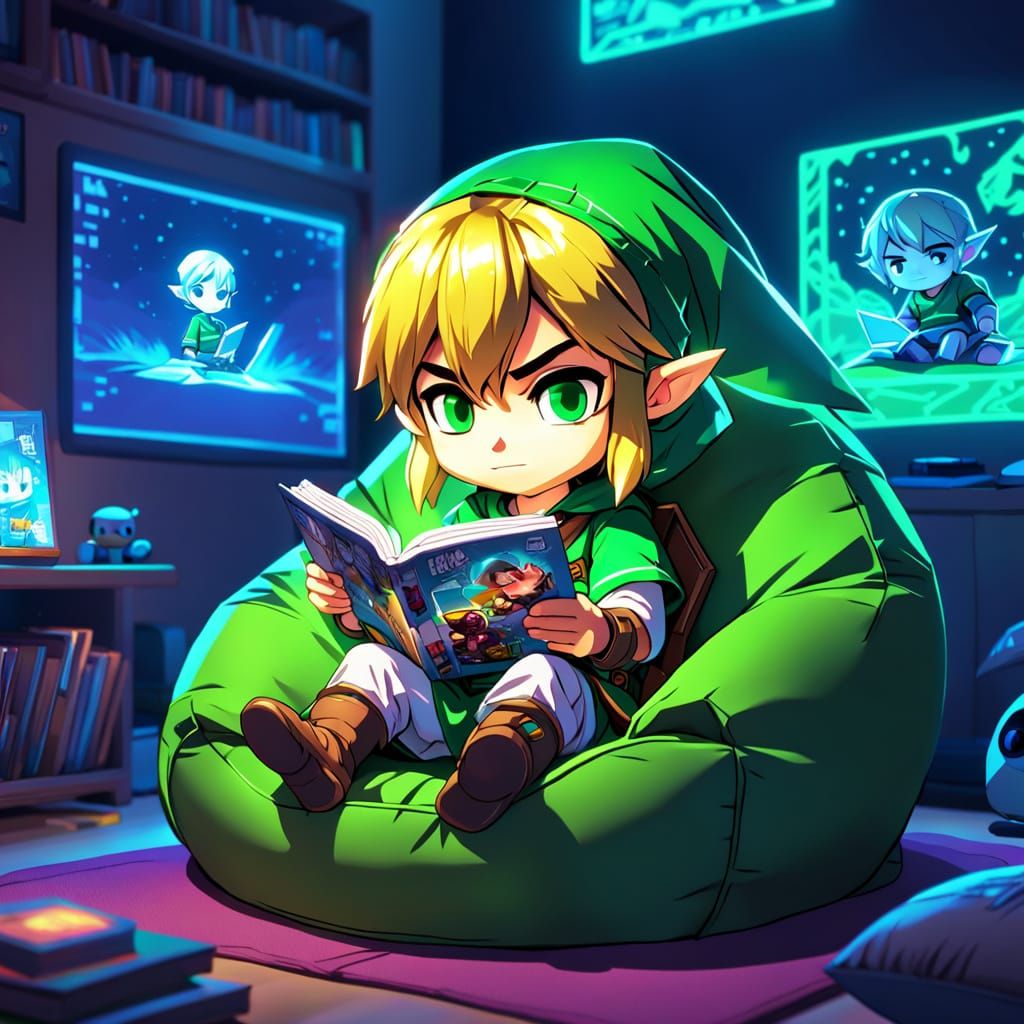 Chibi Link Relaxing in Cozy Sci-Fi Room
