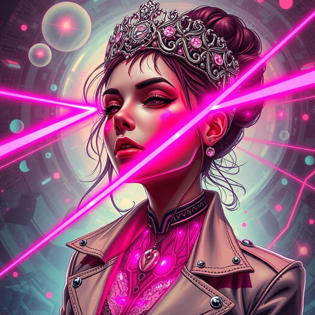 Cyberpunk Queen with Pink Laser Crown in Anime Style