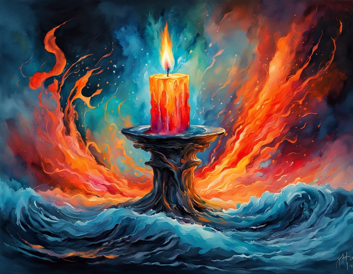 Melting Candle Under Swirling Sky: Watercolor Fantasy Art