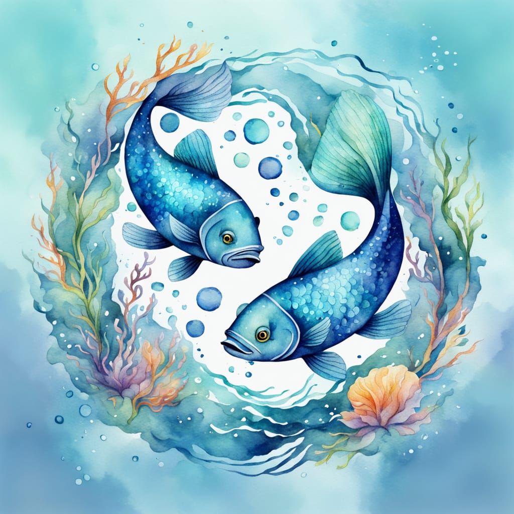 Whimsical Watercolor Pisces Symbol in Ocean Depths