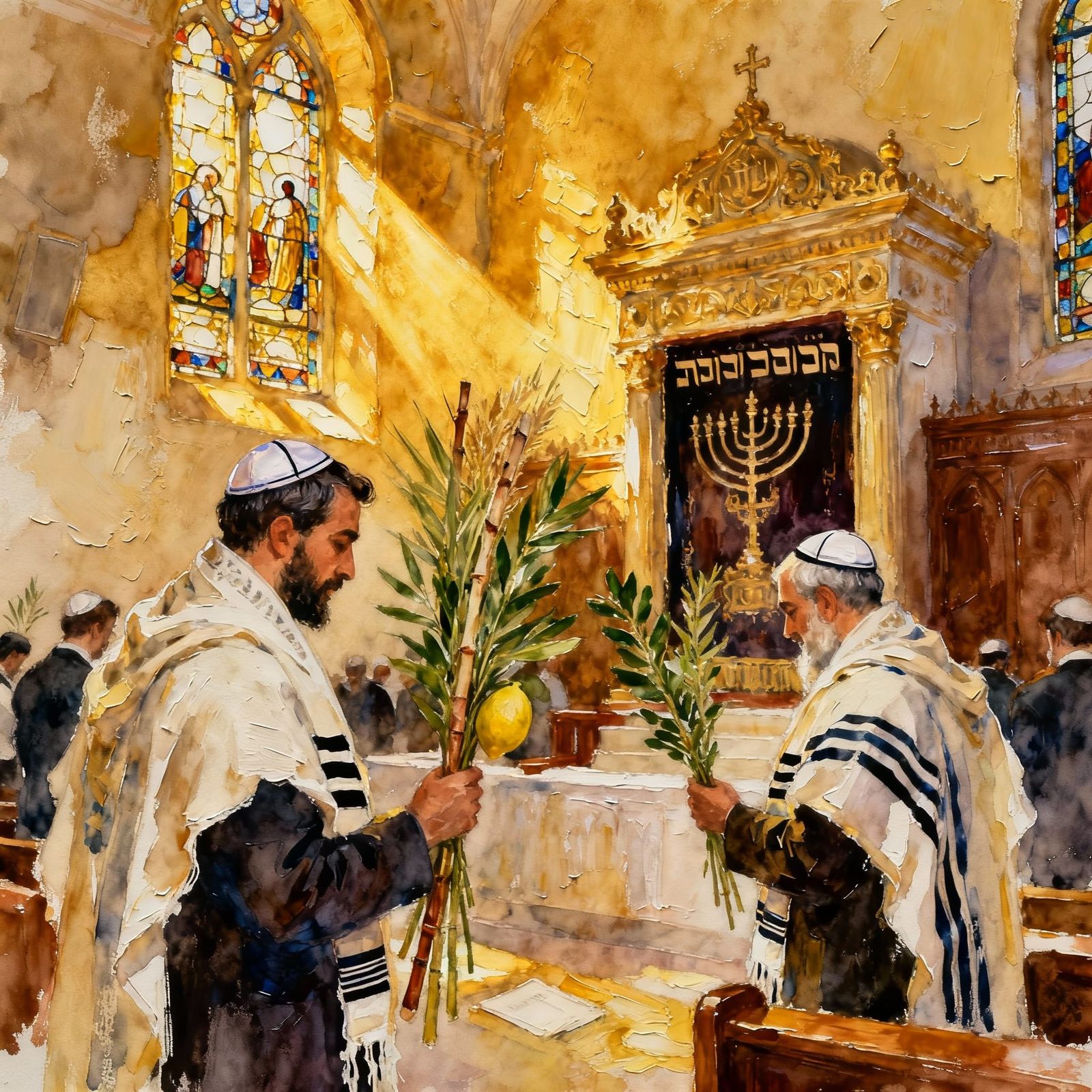 Sukkot Prayer Scene: Four Species in Synagogue, Watercolor I...