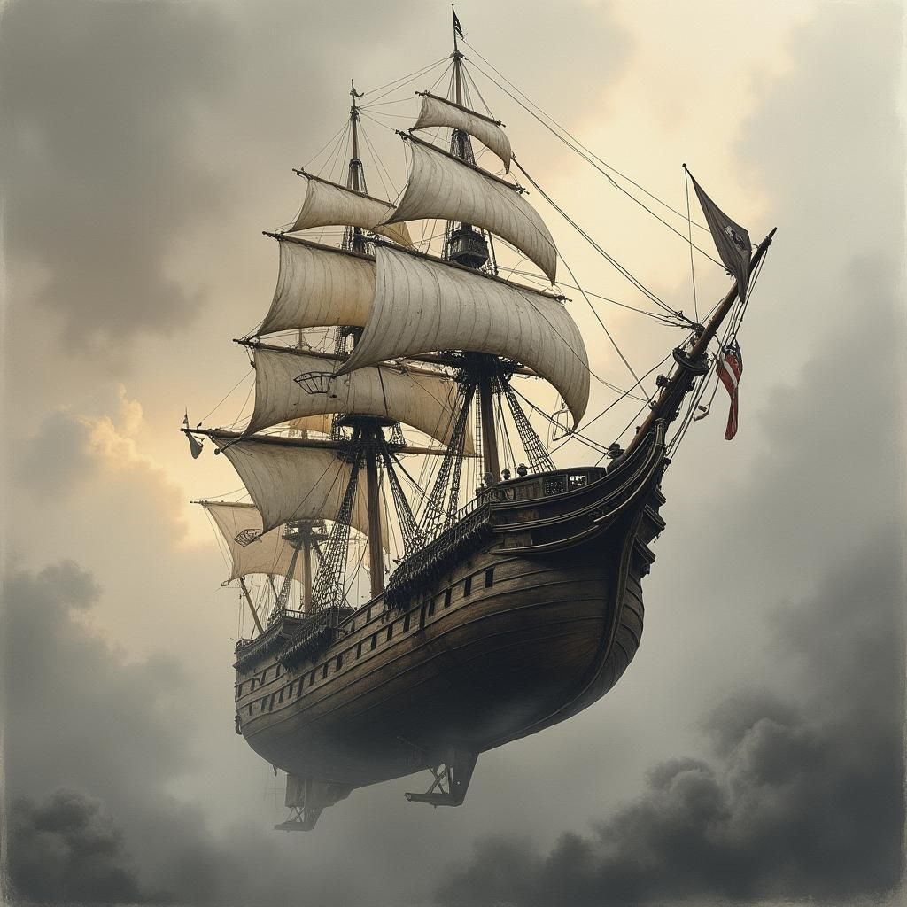 Pirate Ship Soaring Through Cloudy Sky, Charcoal Drawing