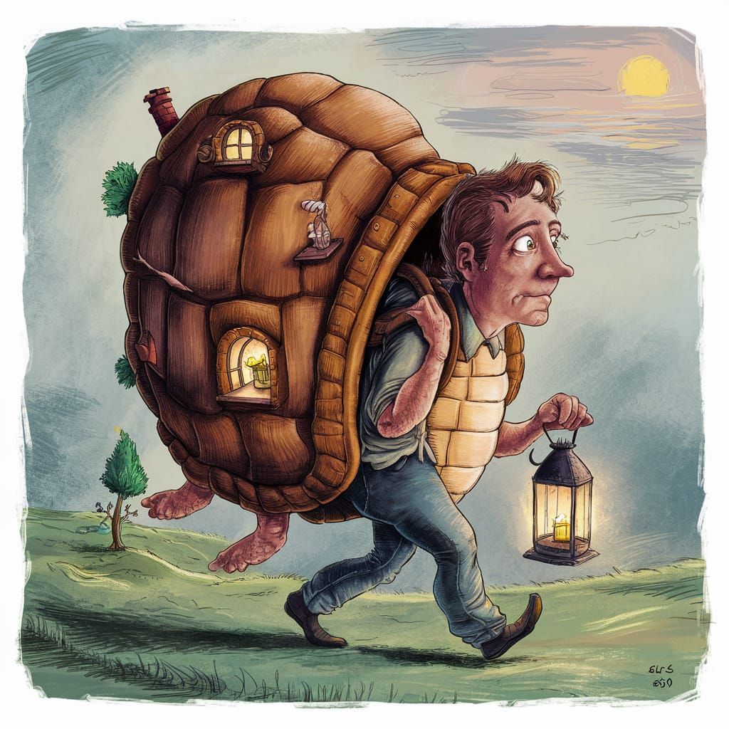 Man Carries Whimsical Turtle Shell Home Illustration