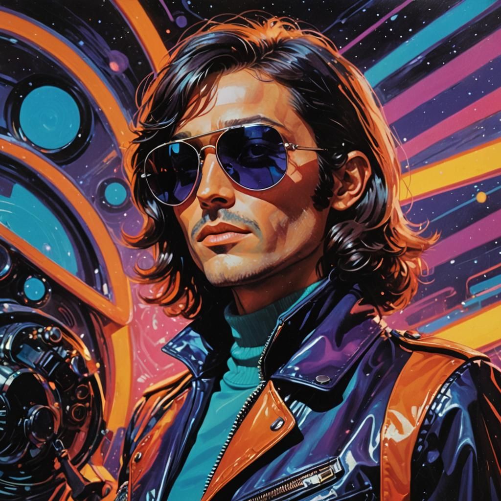 Band Member in Retro-Futuristic Oil Painting