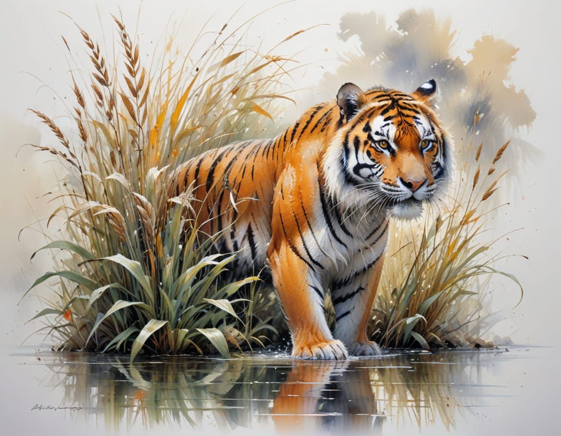 Bengal Tiger Hunts by Riverbank in Watercolor Style