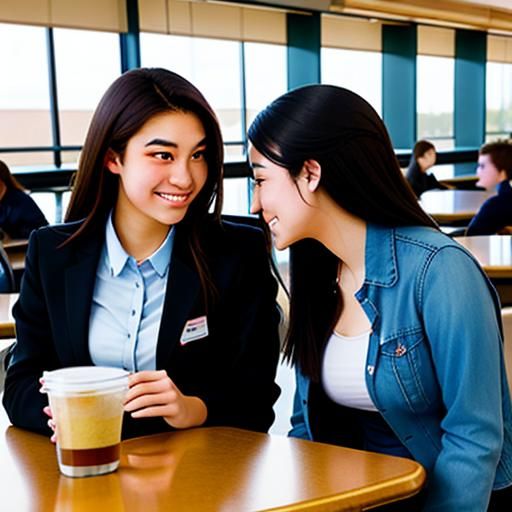 Two high school students are flirting in the cafeteria.