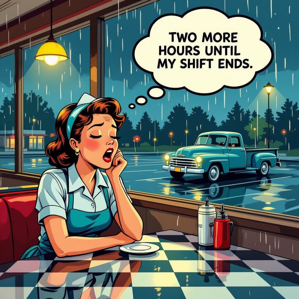 Tired Waitress Works Late Night Shift in Diner