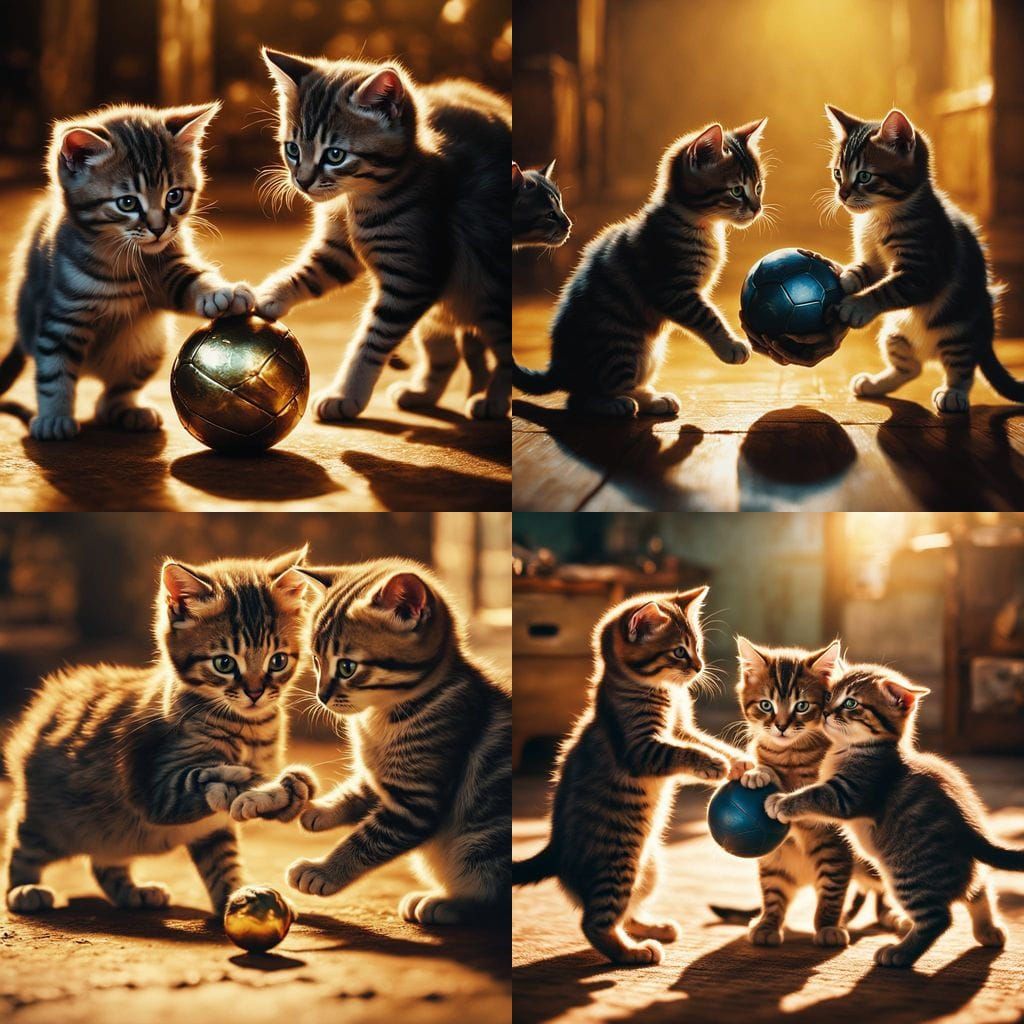 Playful Kittens Fight Over Ball: Oil Painting