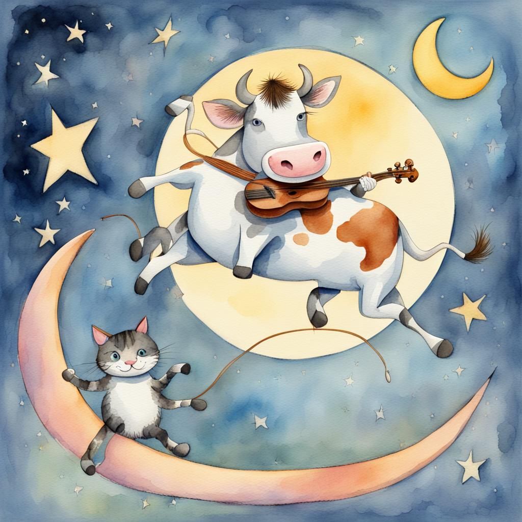 Whimsical Watercolor Cow Jumping Over the Moon