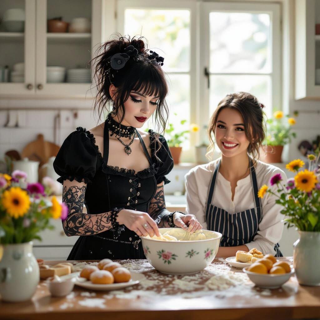 Goth Baker Unhinged in Cheerful Kitchen