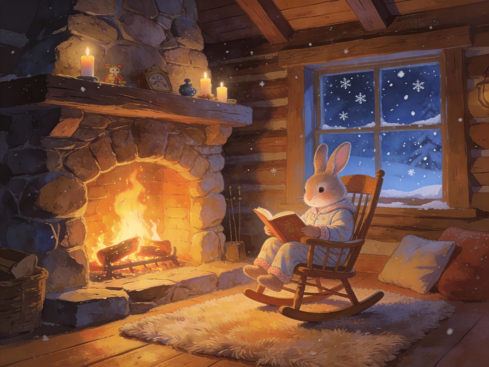 Cozy Rabbit Reading by Fireplace in Snowy Night