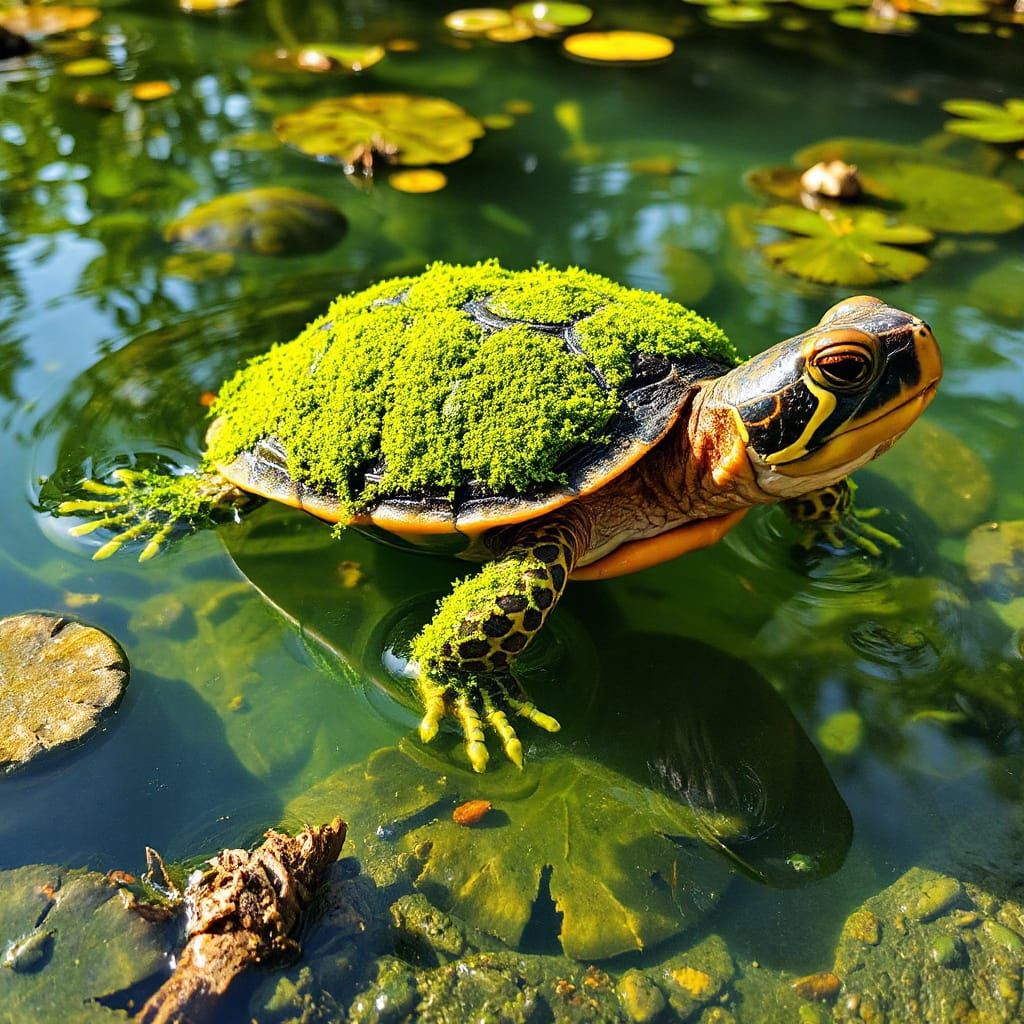 Whimsical Turtle Emerges from Serene Pond