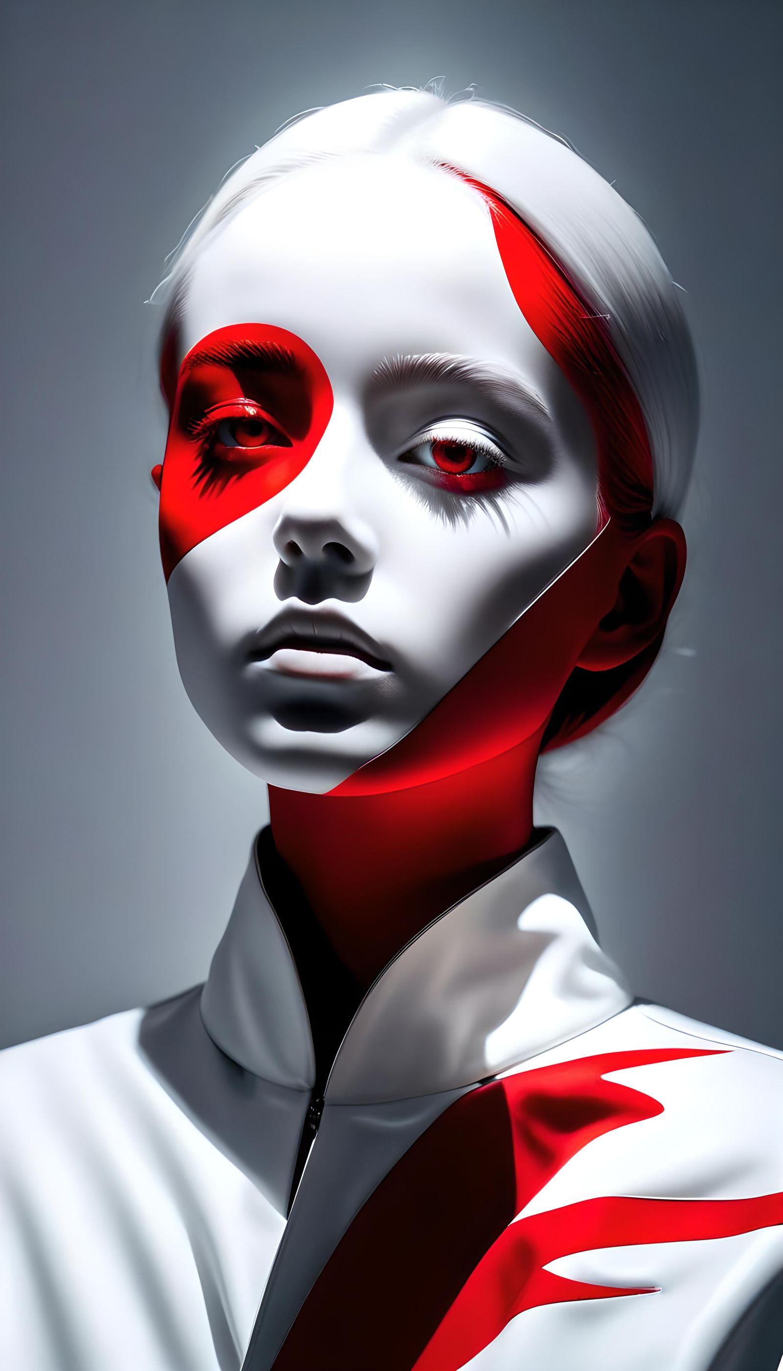 Surreal Portrait with Piercing Eyes in Red and White