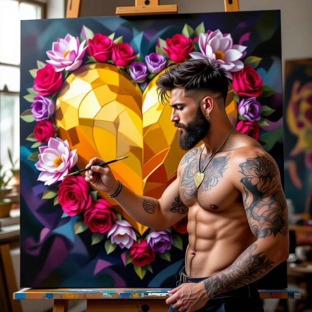 Passionate Artist Creating Impasto Heart Painting