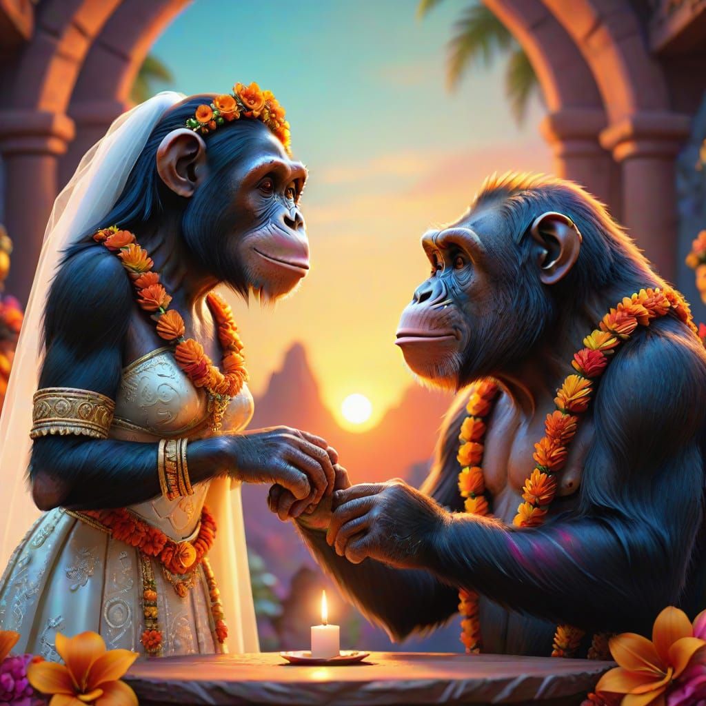 Chimpanzee Bride and Orangutan Groom Wedding in Pixar Style
