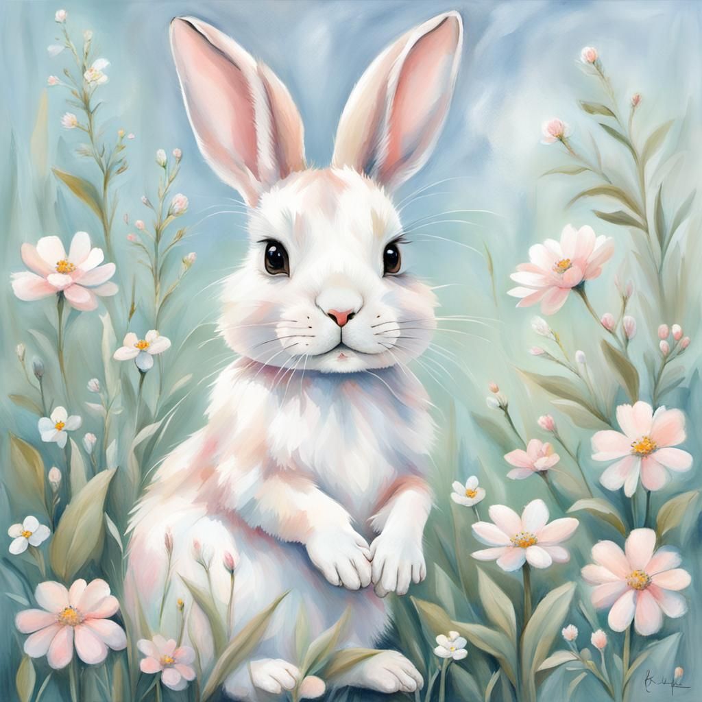 Whimsical Rabbit in Meadow, Hyperrealistic Painting